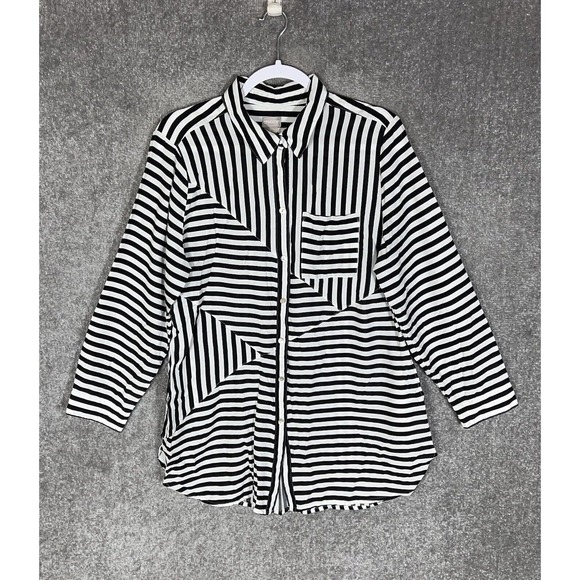 Chicos Long Sleeve Splice Striped Button Up Tunic Top Womens‎ Size 2 US Sz 12/14 - Picture 1 of 7